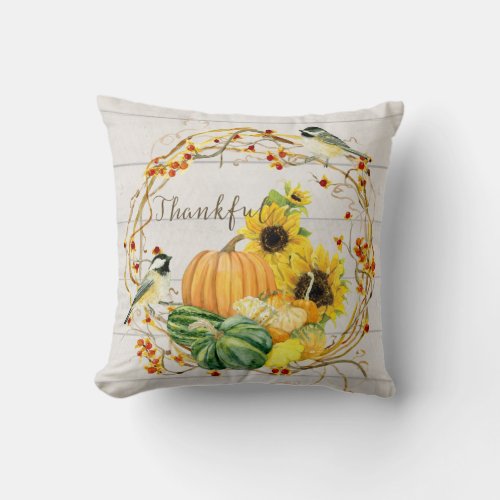 Sunflower Floral  Fall Pumpkins n Birds Watercolor Throw Pillow