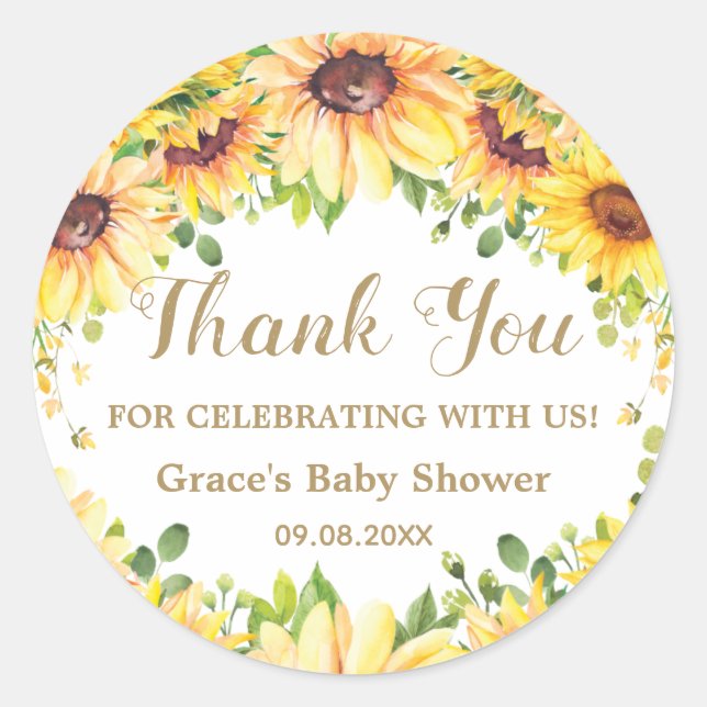 Sunflower Floral Favor Bridal Baby Shower Birthday Classic Round Sticker (Front)