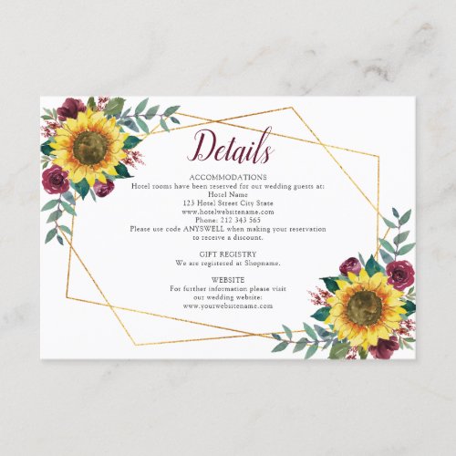 Sunflower Floral Geometric Wedding Details Enclosure Card