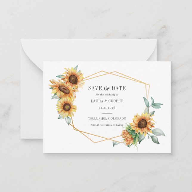 Sunflower Floral Gold Effect Geometric Frame Save  Note Card (Front)