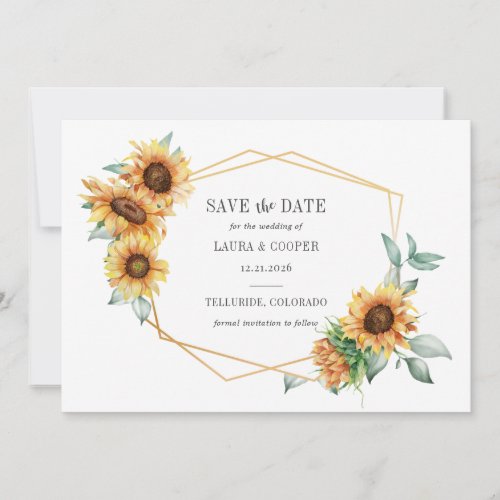 Sunflower Floral Gold Effect Geometric Frame Save The Date
