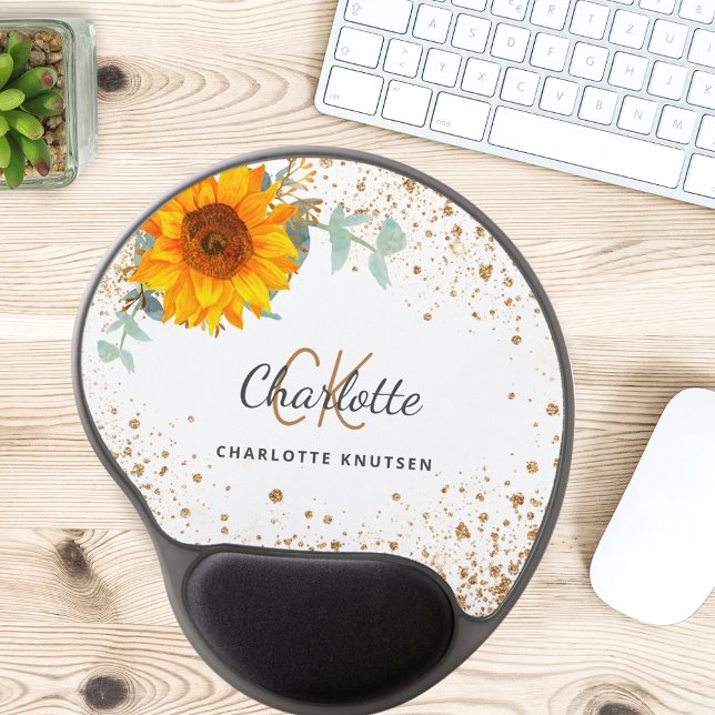 Sunflower floral gold glitter monogram name gel mouse pad (Creator Uploaded)