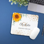 Sunflower floral gold glitter monogram name mouse pad<br><div class="desc">A stylish white  background. Decorated with a watercolored sunflower,  eucalyptus greenery and faux gold glitter dust. Personalize and add your first name,  monogram initials and full name. The name is written with a hand lettered style script.</div>