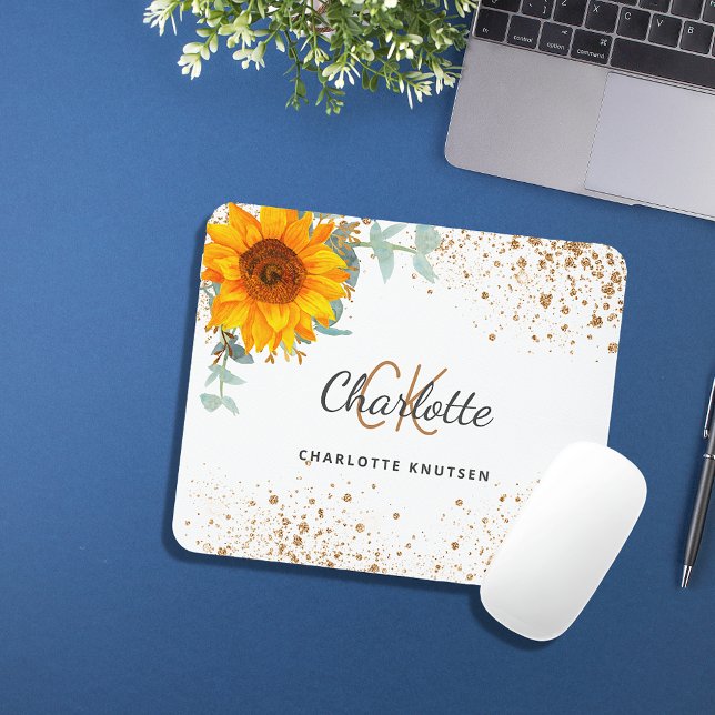 Sunflower floral gold glitter monogram name mouse pad (Creator Uploaded)
