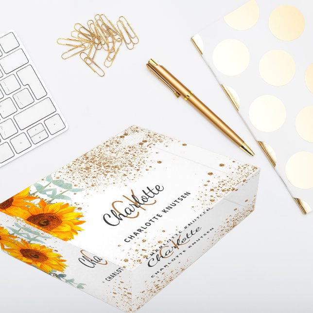 Sunflower floral gold glitter monogram name paperweight (Creator Uploaded)