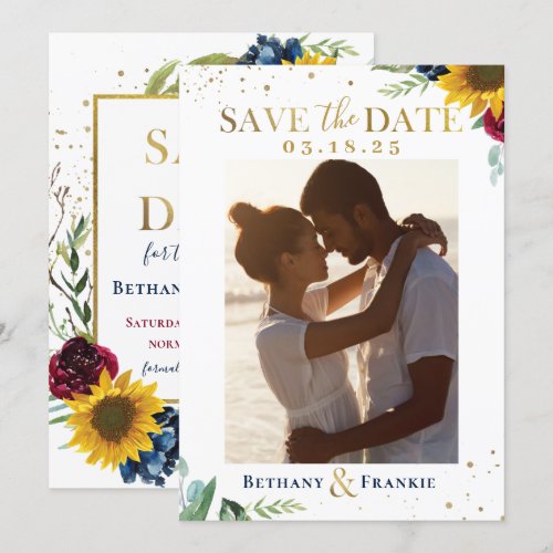 Sunflower Floral Gold Glitter Photo Save The Date
