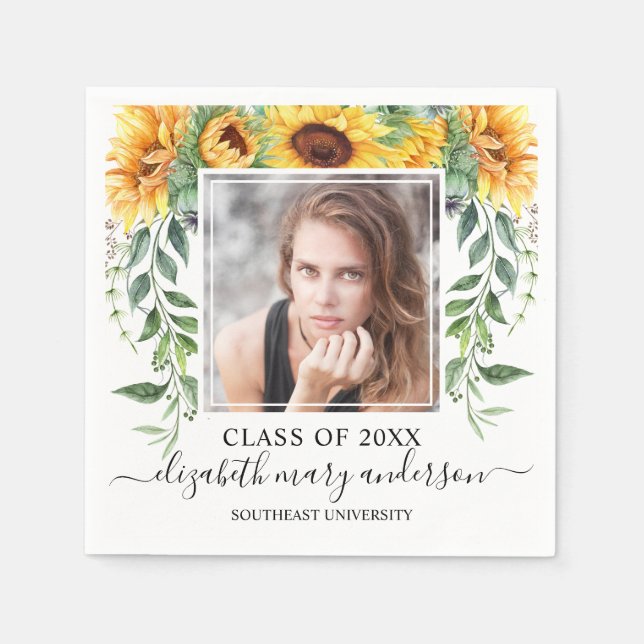 Sunflower Floral Graduation Photo Class of Napkins (Front)