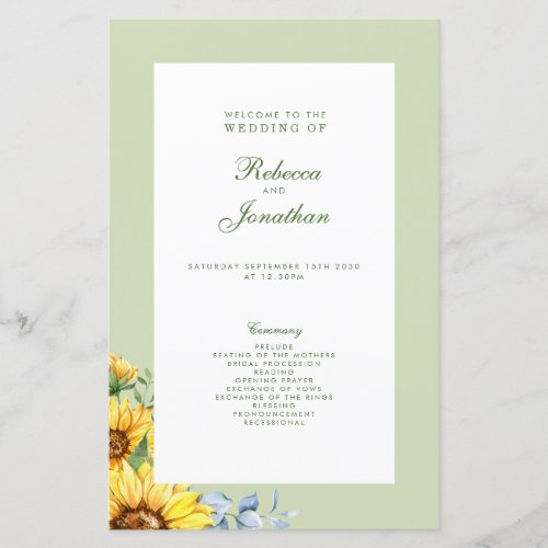 Sunflower Floral Green Wedding Program