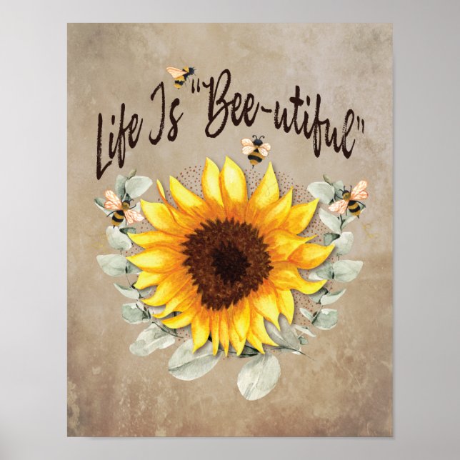 Sunflower Floral Greenery Bee Inspirational Poster (Front)