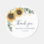 Sunflower Floral Greenery Wedding Classic Round Sticker<br><div class="desc">Create a modern Sunflower Floral thank you favor sticker with this cute template featuring beautiful rustic floral bouquet, geometric gold effect leaves, with modern simple typography. TIP: Matching wedding suite cards like RSVP, wedding programs, banners, tapestry, gift tags, signs, and other wedding keepsakes and goodies are available in the collection...</div>