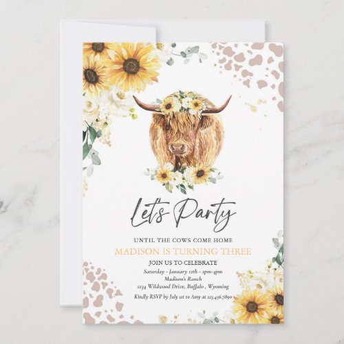 Sunflower Floral Highland Cow Birthday Party  Invitation