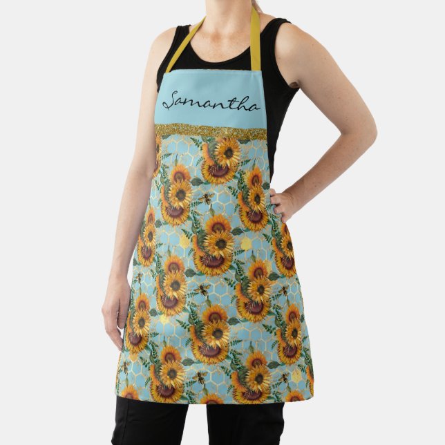 Sunflower Floral Honeycomb Gold Pattern bee Apron (Insitu)
