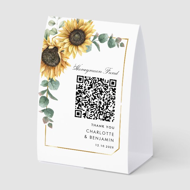 Sunflower Floral Honeymoon Fund QR Code Wedding Paper Table Tent (Front)
