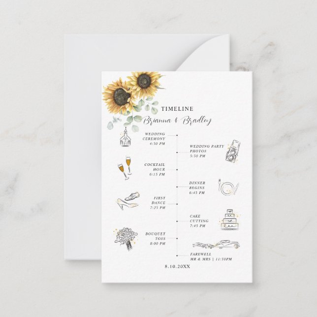 Sunflower Floral Icons Wedding Day Itinerary Note Card (Front)