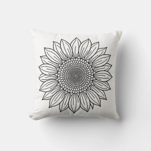 Sunflower Floral Illustration Line Art Throw Pillow