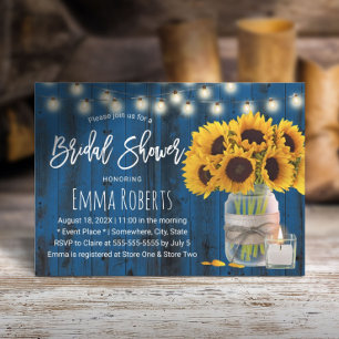 Sunflower Floral Jar Navy Blue Wood Bridal Shower Invitation