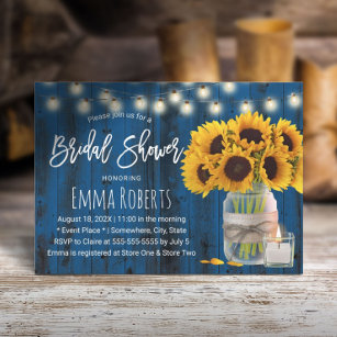 Sunflower Floral Jar Navy Blue Wood Bridal Shower Invitation