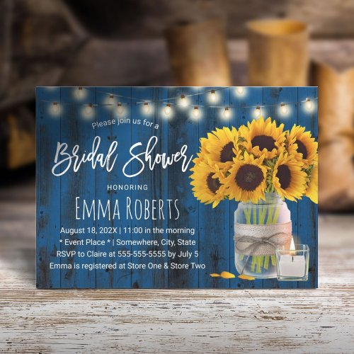 Sunflower Floral Jar Navy Blue Wood Bridal Shower Invitation