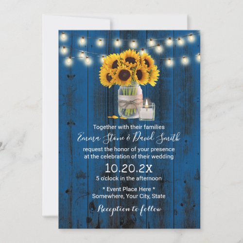 Sunflower Floral Jar Rustic Navy Blue Barn Wedding Invitation