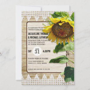 Sunflower Floral Lace Vintage Rustic Wood Bee Hive Invitation