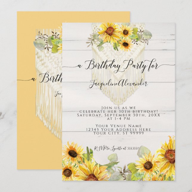 Sunflower Floral Leaf Macrame Boho Birthday Party Invitation (Front/Back)