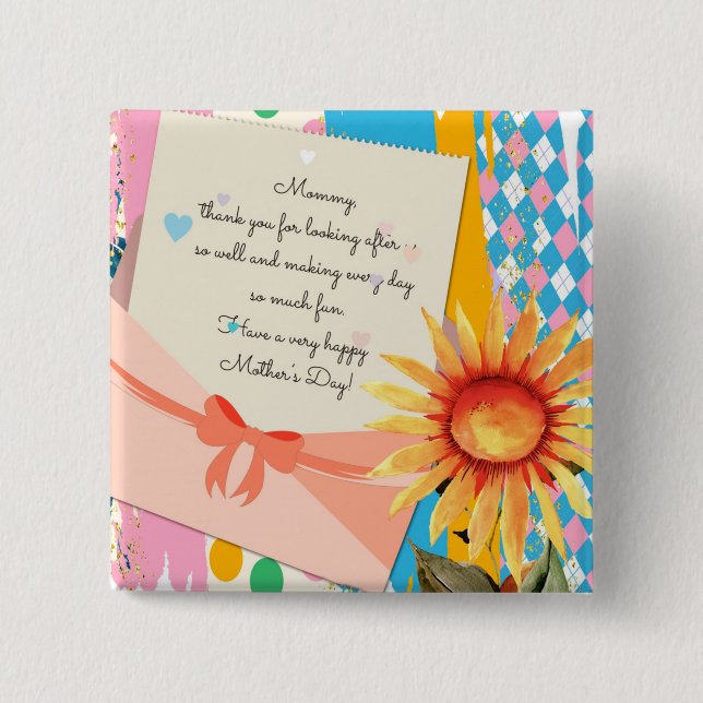 Sunflower Floral Letter Envelope Mother's Day Button (Front)