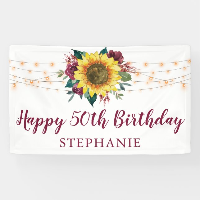 Sunflower Floral Lights 50th Birthday Party Banner (Horizontal)