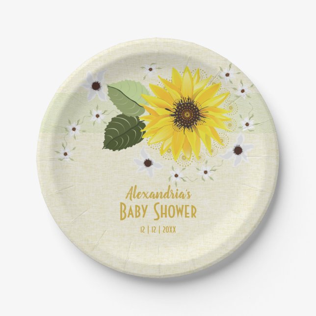 Sunflower Floral Linen Baby Shower Paper Plates (Front)