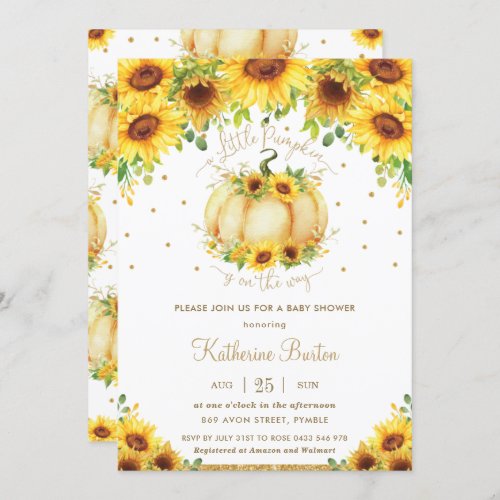 Sunflower Floral Little Pumpkin Baby Shower Girl Invitation