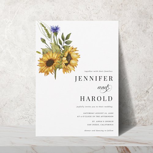 Sunflower Floral Minimal Plain All in One Wedding Invitation