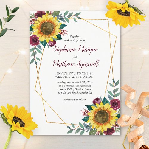 Sunflower Floral Modern Geometric Wedding Invitation