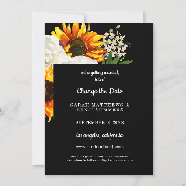 Sunflower Floral on Black Change the Date 2 Invitation (Front)