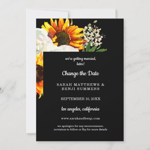 Sunflower Floral on Black Change the Date Details Invitation