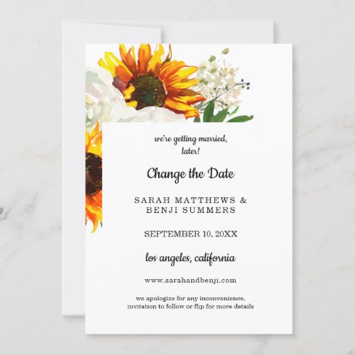 Sunflower Floral on White Change the Date Details Invitation