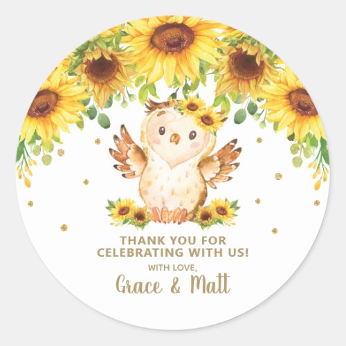 Sunflower Floral Owl Thank You Favor Gold Glitter  Classic Round Sticker