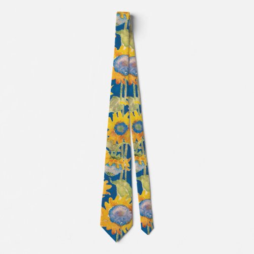 Sunflower Floral Pattern Blue Neck Tie