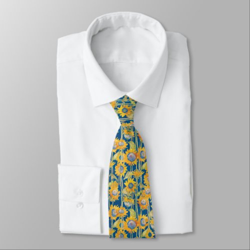 Sunflower Floral Pattern Blue Neck Tie