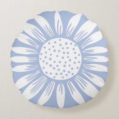 Sunflower Floral Pattern Blue Round Pillow