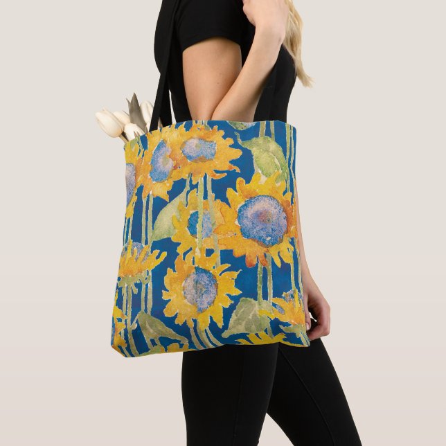 Sunflower Floral Pattern Blue Tote Bag (Close Up)