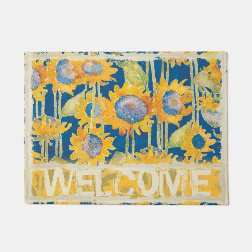Sunflower Floral Pattern Blue Welcome Doormat