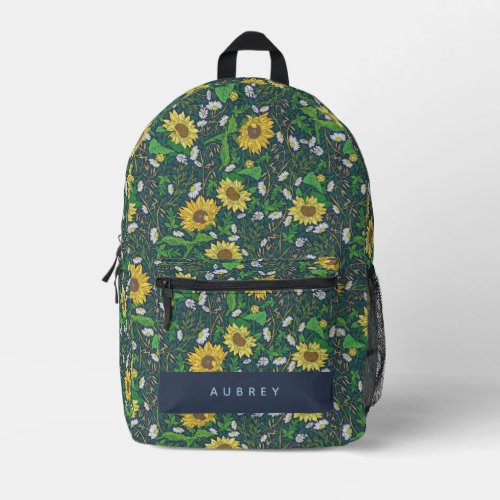Sunflower Floral Pattern Navy Blue Printed Backpack