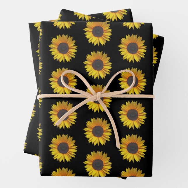 Sunflower Floral Pattern On Black Wrapping Paper Sheets (In situ)