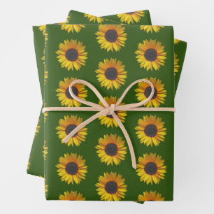 Sunflower Floral Pattern On Green Wrapping Paper Sheets