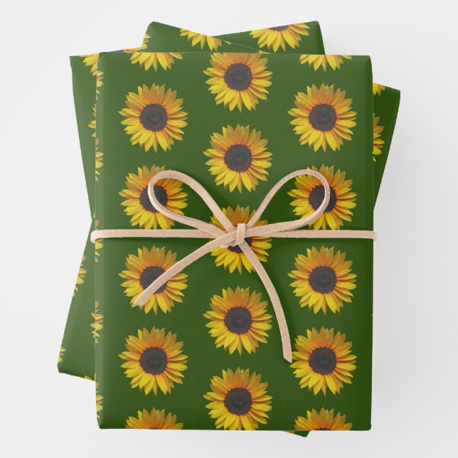 Sunflower Floral Pattern On Green Wrapping Paper Sheets (In situ)