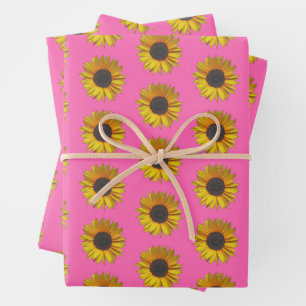 Sunflower Floral Pattern On Hot Pink Wrapping Paper Sheets