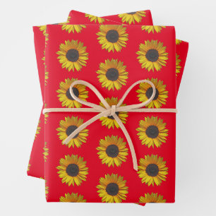 Sunflower Floral Pattern On Red Wrapping Paper Sheets