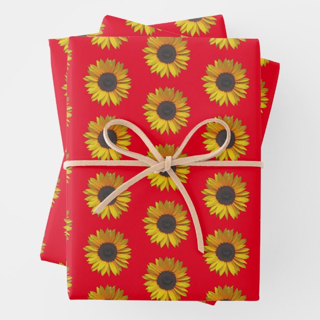 Sunflower Floral Pattern On Red Wrapping Paper Sheets (In situ)