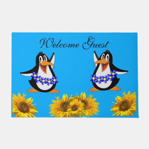 Sunflower Floral Penguin  Door Mat