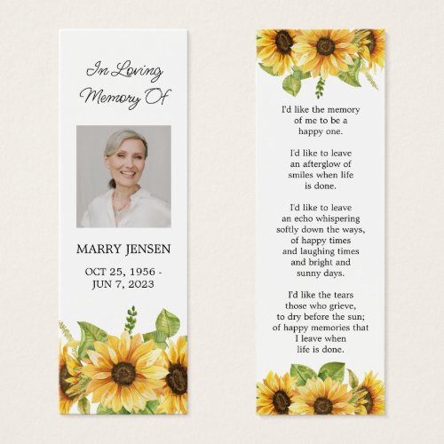 Sunflower Floral Photo Funeral Memorial Bookmark
