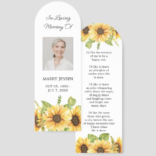 Sunflower Floral Photo Funeral Memorial Bookmark